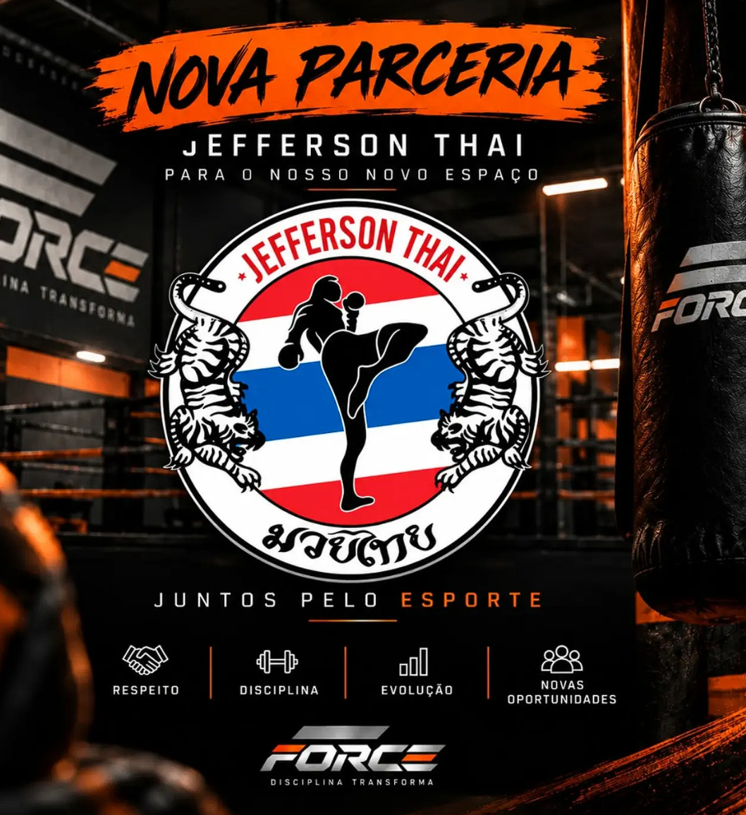 Anúncio de parceria entre FORCE e Jefferson Thai, com o logo original da escola